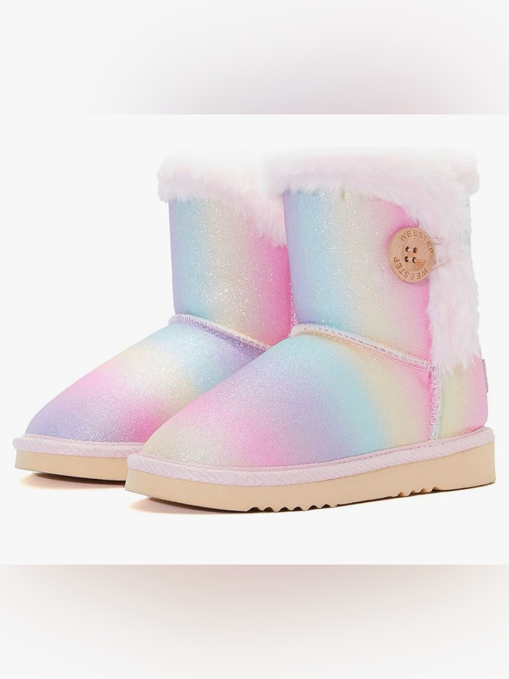 Weestep - Rainbow Pastel Glittery Lightweight Boots with Wood Button.